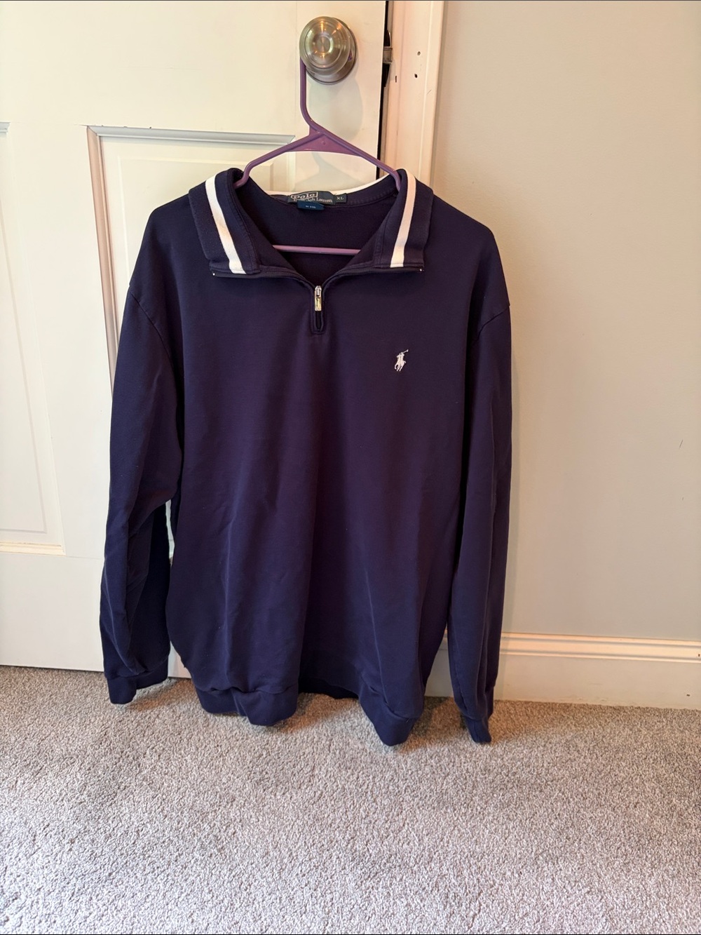 Ralph Lauren Navy Quarter-Zip Pullover with White Collar Stripe